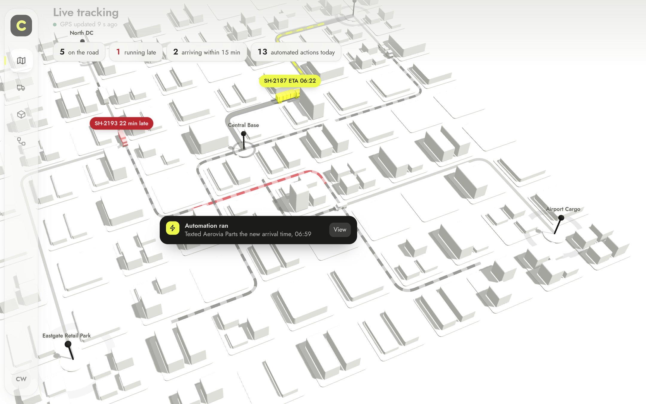 Corridor TMS live tracking: a 3D city map with shipments en route, one running 22 minutes late, and an automation that texted the customer a new arrival time