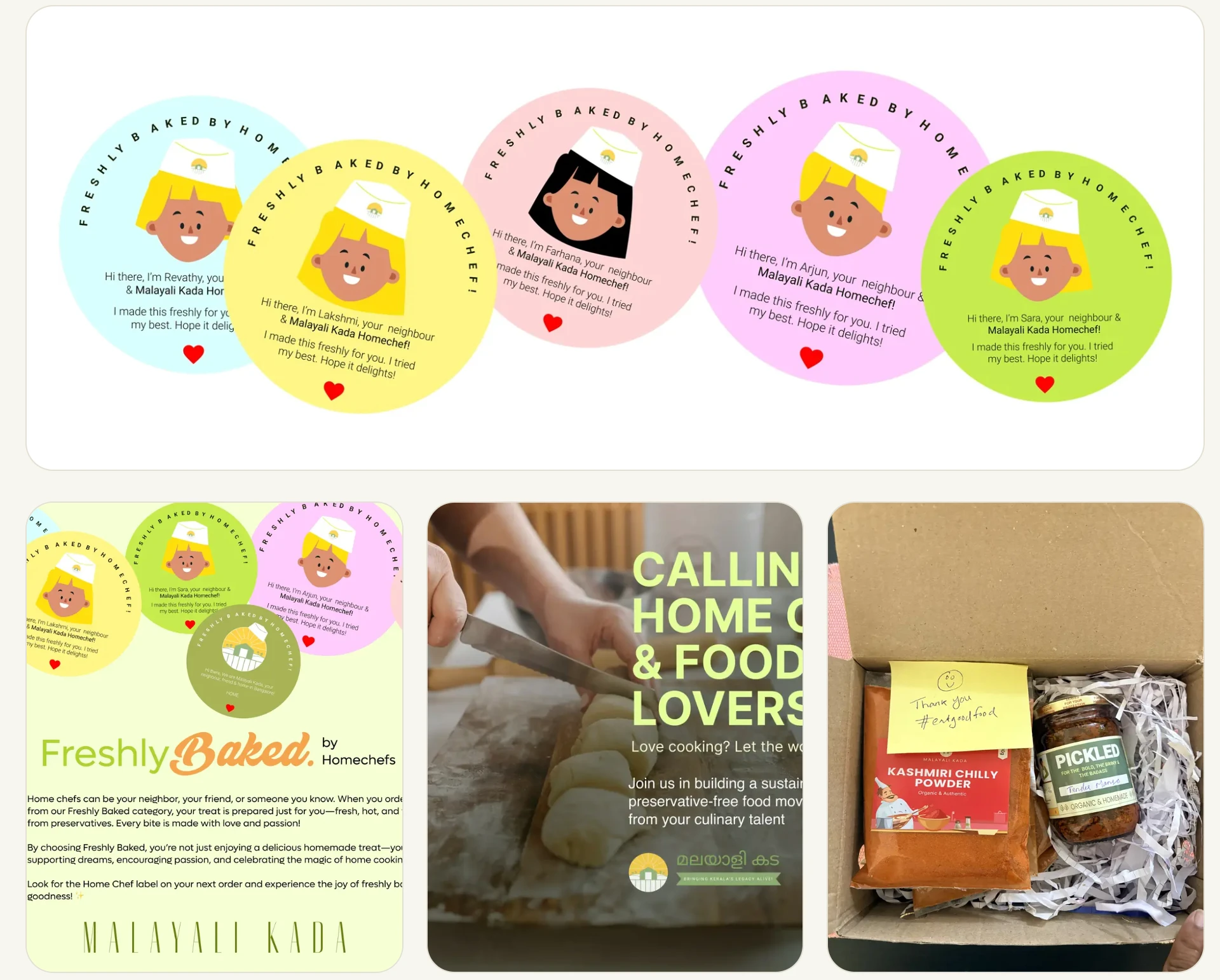 Freshly Baked by Homechef stickers, the program leaflet, a call for home cooks poster, and a packed Malayali Kada order with a thank you note