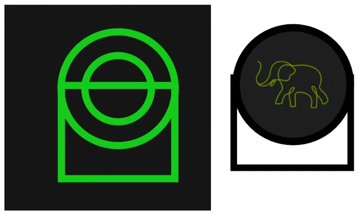 Explored route: a green geometric arch monogram and a dark circular elephant seal