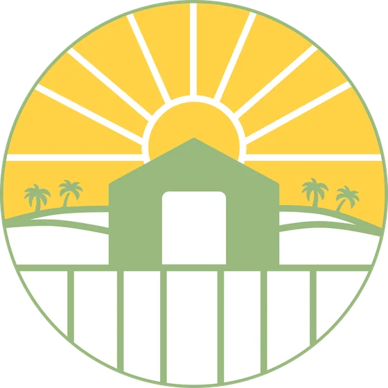 Final Malayali Kada mark: a small home among palms and hills under a rising yellow sun, above a white fence line