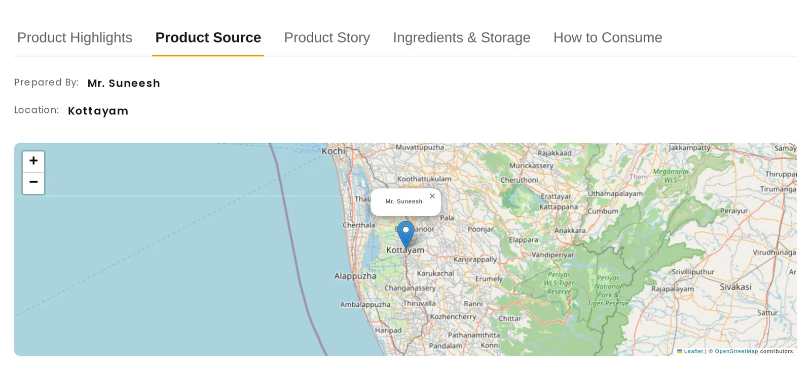 Product Source tab on desktop: Prepared by Mr. Suneesh, Location Kottayam, with a map pin in Kottayam, Kerala