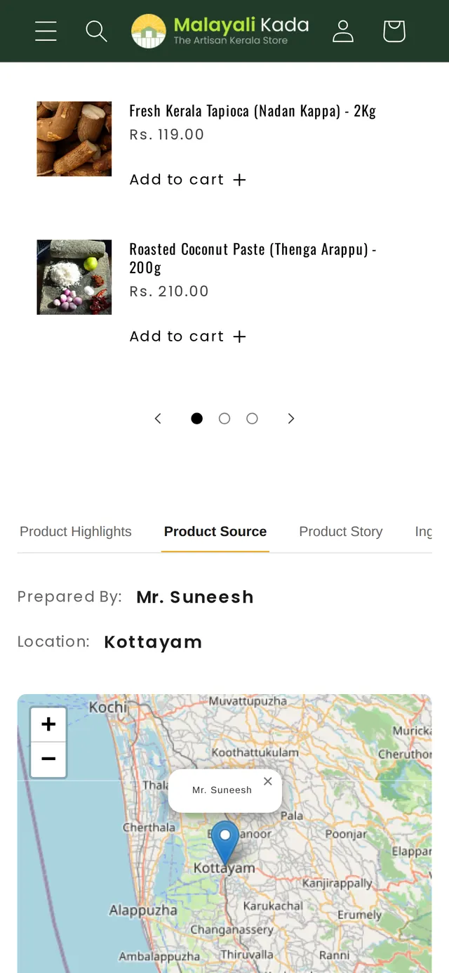 The same Product Source tab on a phone, with the maker's name, town and map