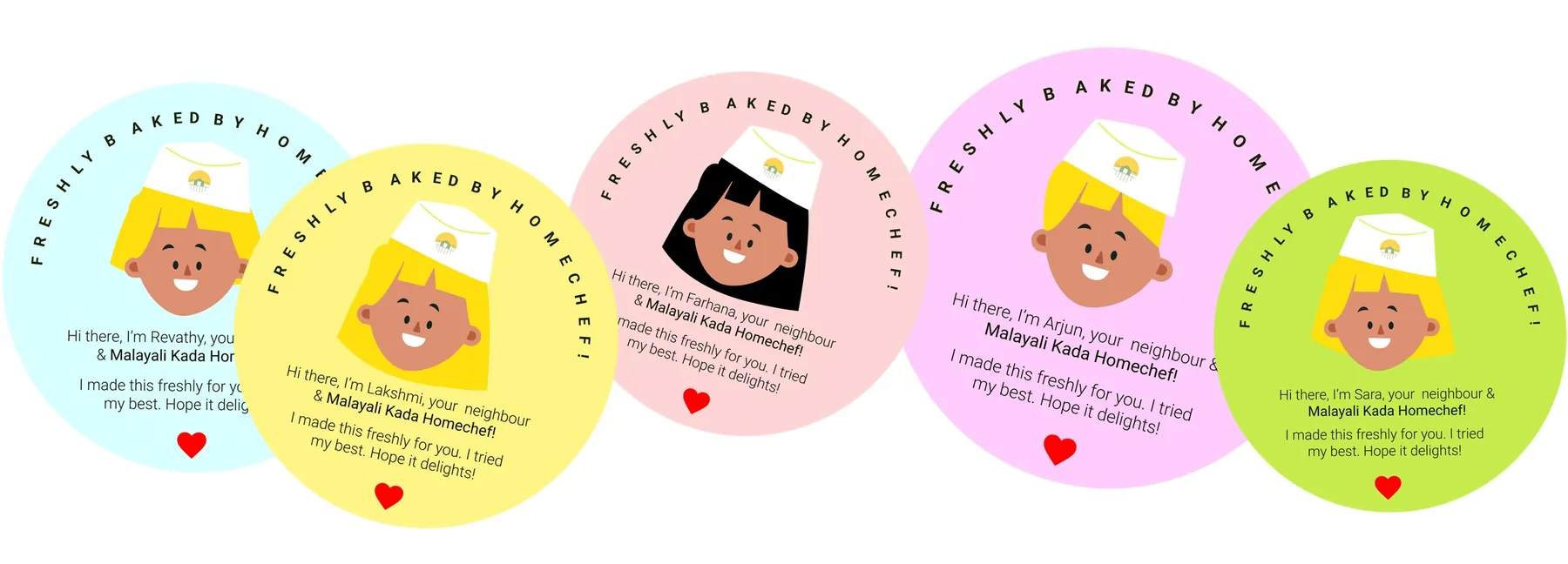 Five round Freshly Baked by Homechef stickers, each with an illustrated cook named Revathy, Lakshmi, Farhana, Arjun and Sara