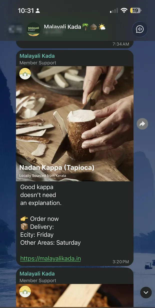 WhatsApp community feed with a Nadan Kappa product post and delivery days. Unread and online counts redacted.