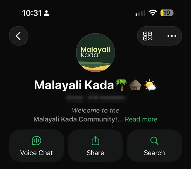 Malayali Kada WhatsApp group header with the brand avatar. Member count redacted.