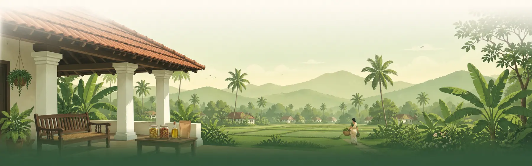 Illustration of a Kerala home verandah with a wooden bench and jars on a table, looking out over paddy fields and hills