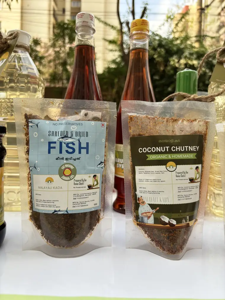 Pouches of shredded dried fish and roasted coconut paste with printed labels