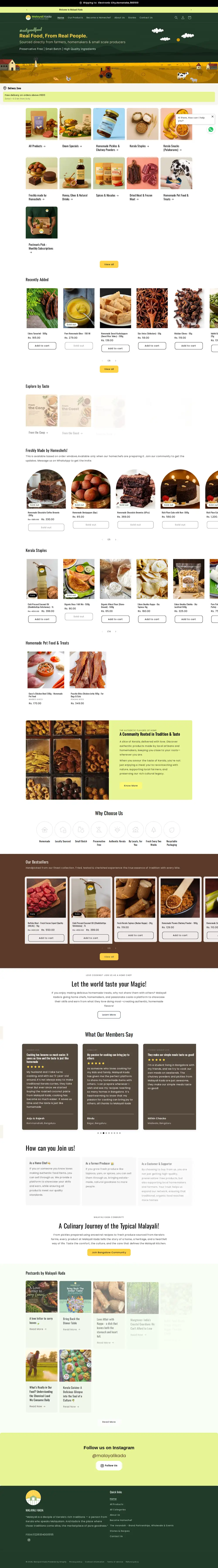 Full homepage of the Malayali Kada store: hero illustration, delivery zone, category tiles, homechef preorders, Kerala staples, bestsellers, member reviews and footer