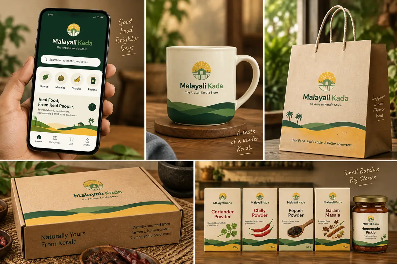 Concept render: store app, mugs, paper bags and boxes in Malayali Kada branding