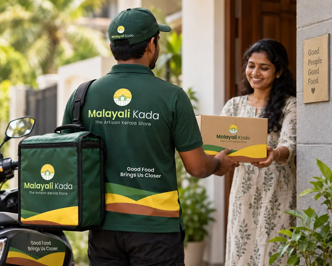 Concept render: a Malayali Kada delivery rider handing a box to a member at her door