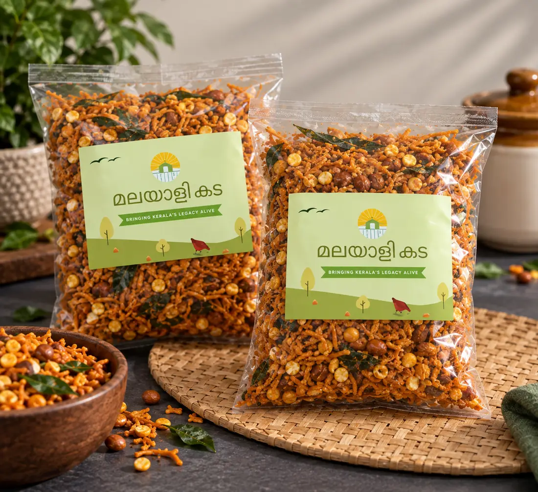 Concept render: mixture pouches with the Malayalam wordmark on a woven mat