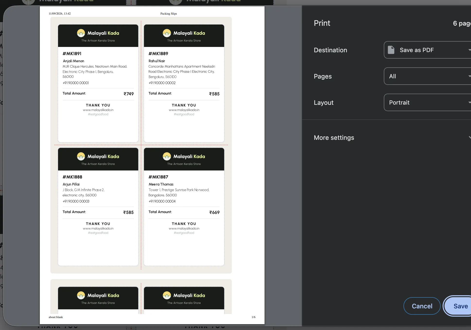 The browser print dialog showing one A4 page holding four packing slips with cut guides.