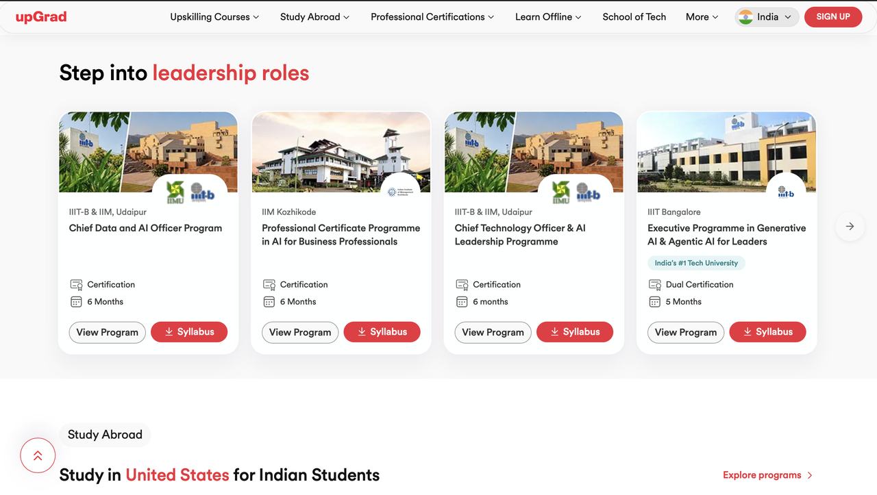 Step into leadership roles section with four programme cards on a light surface