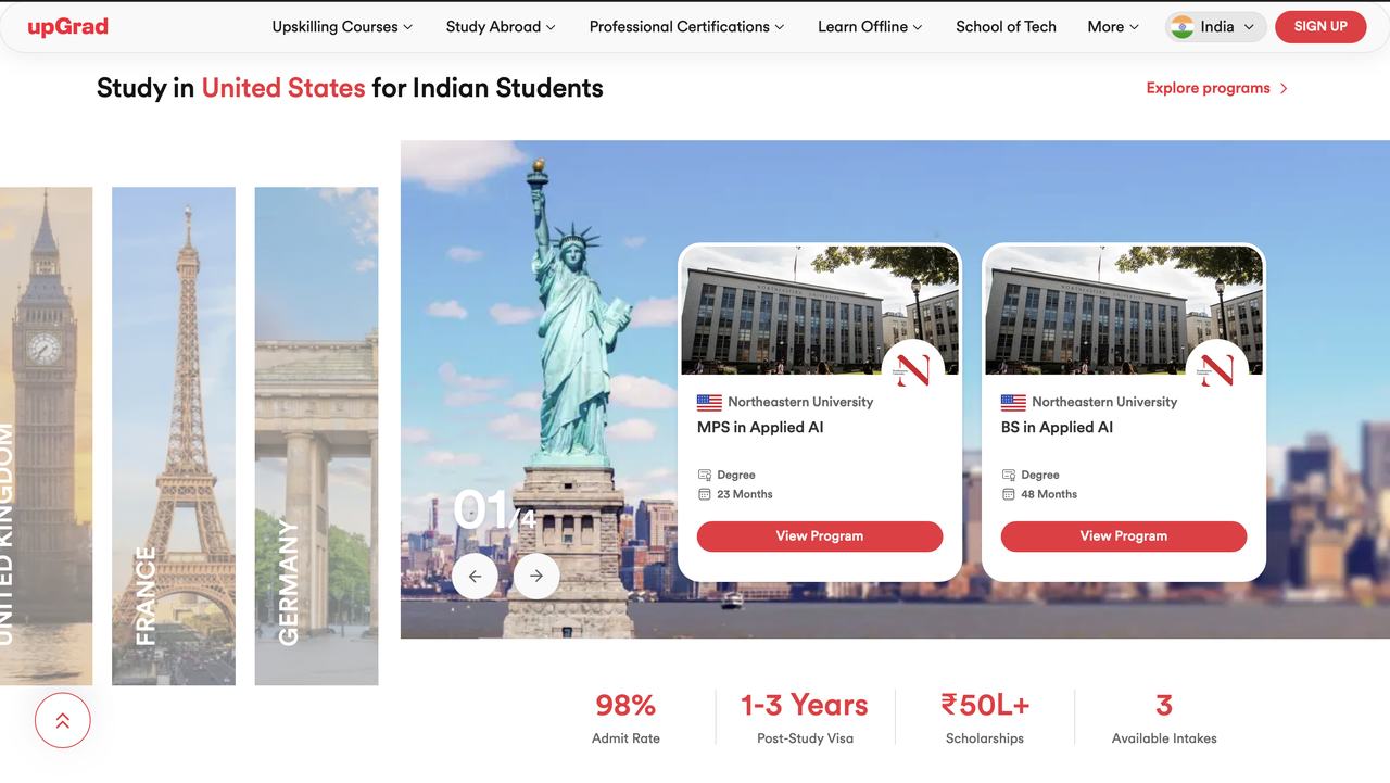 Study abroad section with a country carousel and two university programme cards