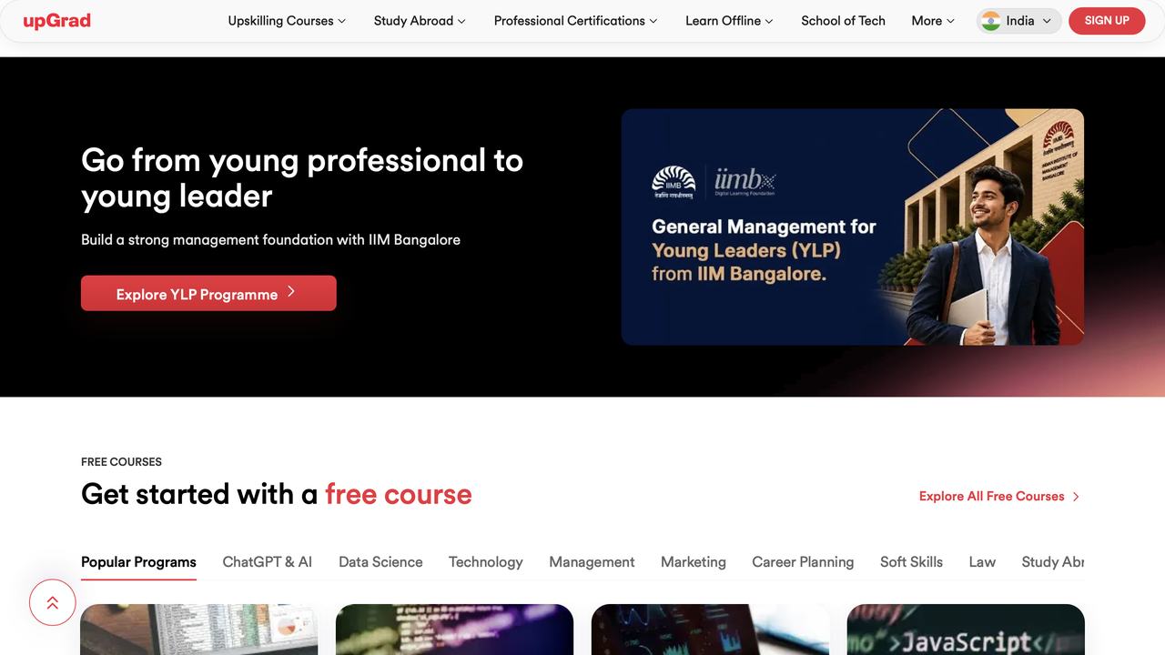 Dark banner promoting the IIM Bangalore young leaders programme, and the free courses tab set
