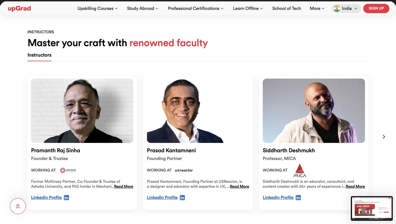 Instructors section with three faculty cards showing photographs, names, roles and links