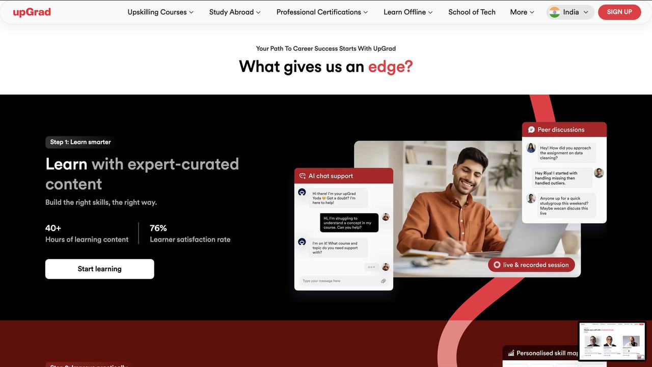 What gives us an edge section on a black background with a step one panel, statistics and a product illustration