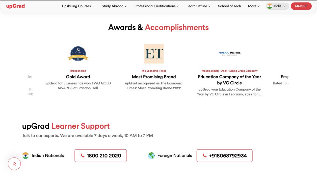 Awards and accomplishments row followed by the learner support contact section