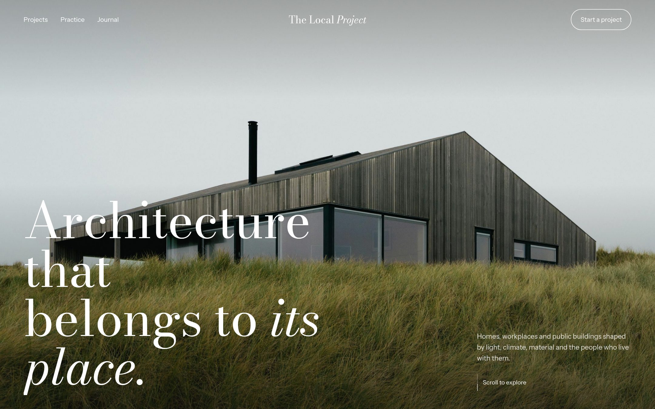 The Local Project homepage: a timber house in tall grass under a grey sky, with the headline Architecture that belongs to its place