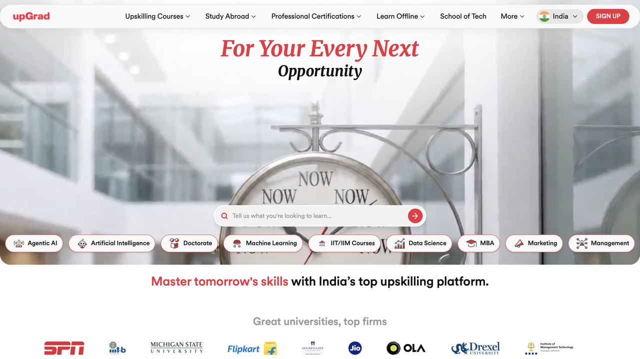 The new upGrad homepage hero, built on the rebuilt design system