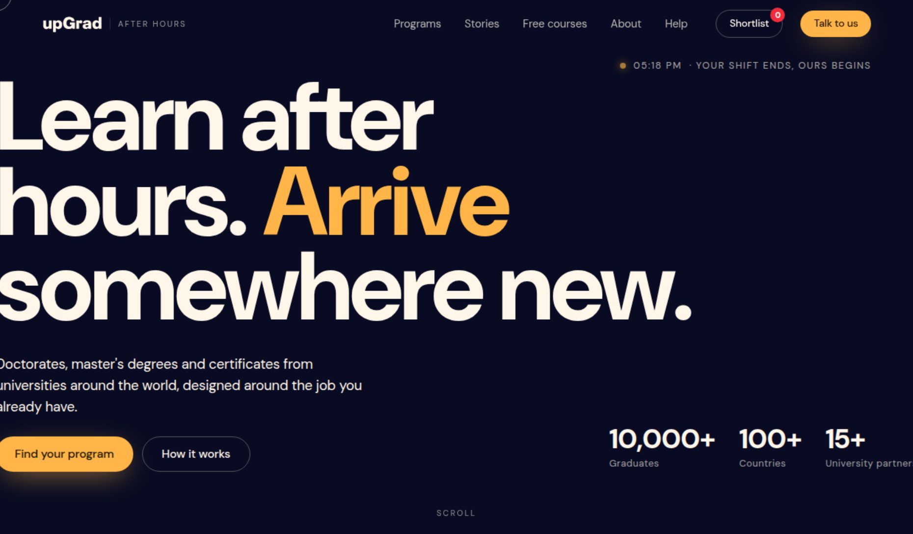 The After Hours concept: a night blue upGrad homepage with the headline Learn after hours. Arrive somewhere new.
